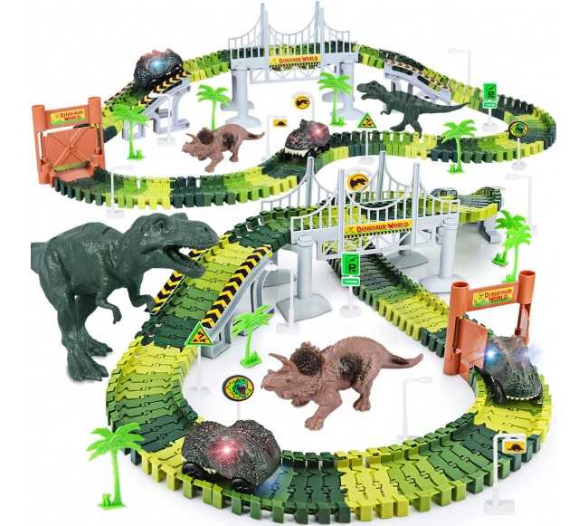 Dinosaur Toys,Create A Dinosaur World Road Race,Flexible Track Playset and 2 pcs Cool Dinosaur car for 3 4 5 6 Year & Up Old boy