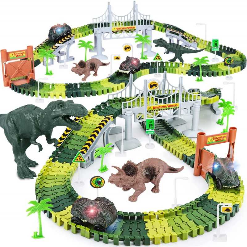 Dinosaur Toys,Create A Dinosaur World Road Race,Flexible Track Playset and 2 pcs Cool Dinosaur car for 3 4 5 6 Year & Up Old boy