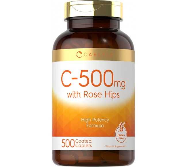 Vitamin C with Rose Hips 500mg | 500 Caplets | High Potency Formula | Vegetarian, Non-GMO and Gluten Free Supplement | by